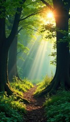 Sunlight dapples through ancient trees in a lush, vibrant forest Discover the serene beauty of untouched nature, a tranquil escape into the wilderness , autumn, trees