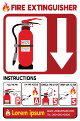 Vector-style fire extinguisher guide featuring four steps: pull the pin, aim the nozzle, squeeze the lever, and sweep side to side. Includes fire icon graphics and placeholder contact information