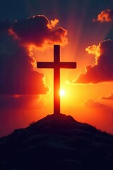 Symbolic representation of Christian salvation; a cross silhouetted against a radiant sunrise, conveying hope and redemption , dove, faith, blessing