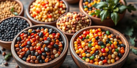 Vibrant multicolored beans & lentils in rustic wooden bowls,  colorful,  wooden bowls
