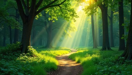Sunlight dapples through the canopy of a lush park forest, illuminating the vibrant green undergrowth and winding paths A tranquil scene perfect for relaxation and escape , shadow, spring, landscape