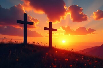 Three wooden crosses stand silhouetted against a vibrant sunset, casting long shadows across a grassy field A peaceful and evocative image perfect for religious or contemplative themes , sky, orange