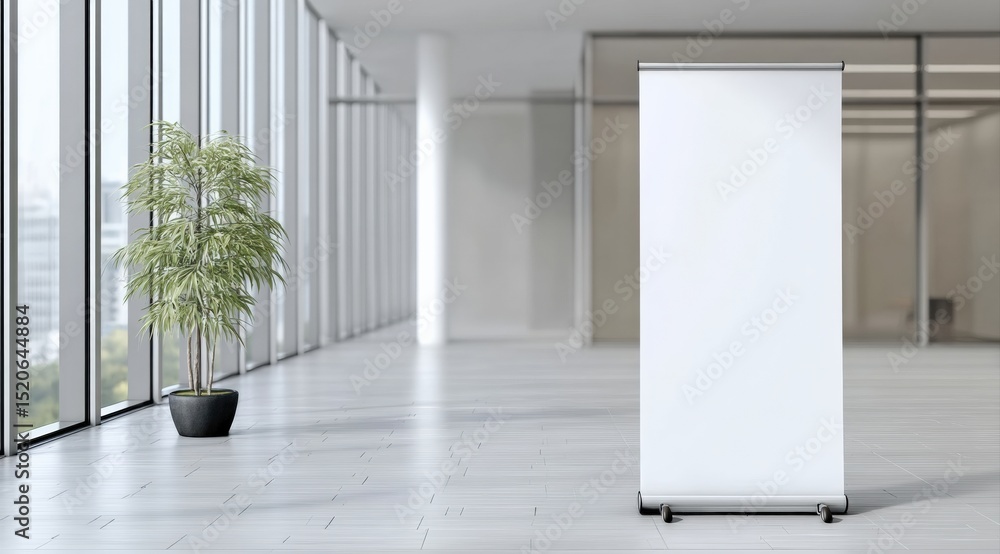 Aufkleber white roll up banner mockup standing in a modern office environment, near large windows and a plant,