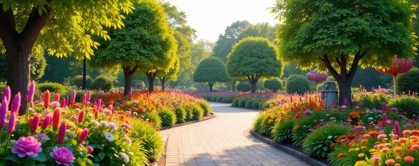 Vibrant floral displays and whimsical sculptures adorn a beautifully landscaped park, creating a festive and enchanting atmosphere perfect for relaxation and recreation , colorful, plants