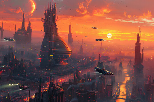 Futuristic cityscape glowing at sunset with flying vehicles, glass towers, and lush elevated parks.