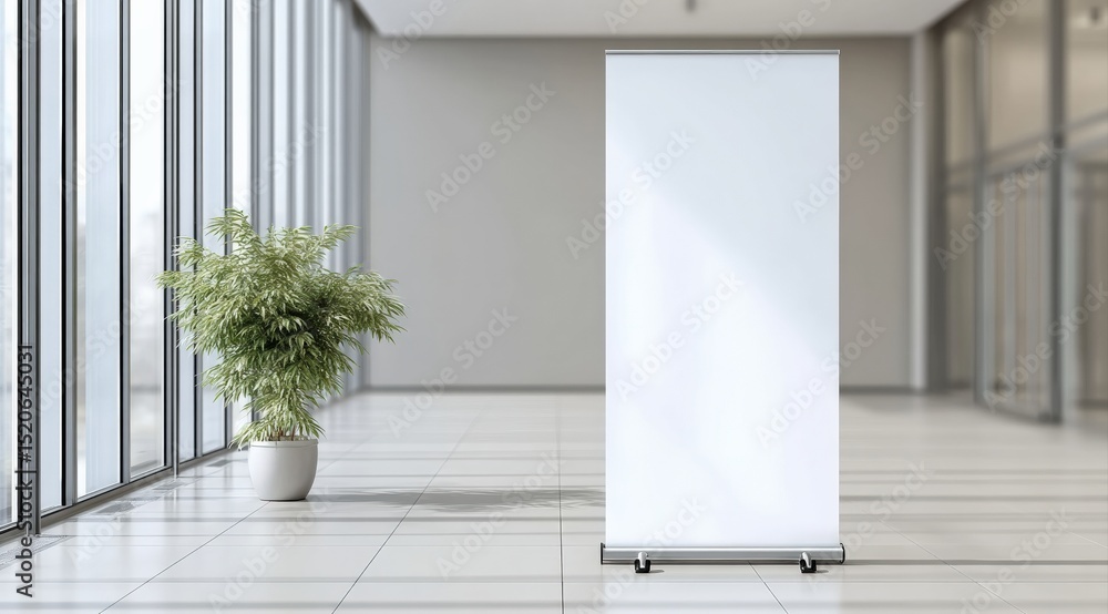 Poster white roll up banner mockup in a modern office space with large windows, providing a clean and profe