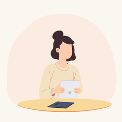 A woman is working with gadget and report of monthly work