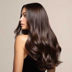 Studio shot of a model showing her long, shiny, wavy, dark brown hair from the back, isolated on a light background