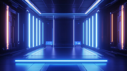 blue stage with curtains