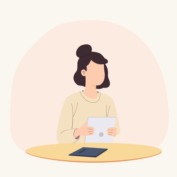 A woman is working with gadget and report of monthly work