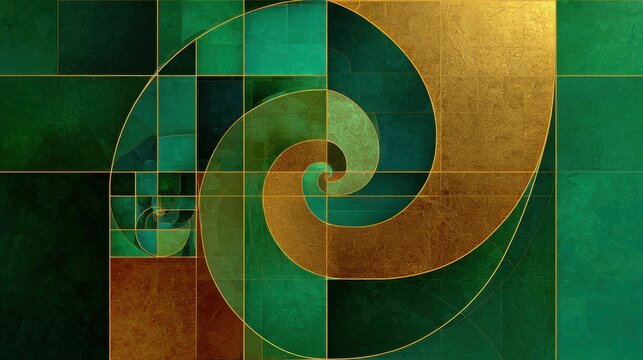 Abstract spiral art in gold and green tones, geometric progression in nature, visual representation of mathematical harmony.