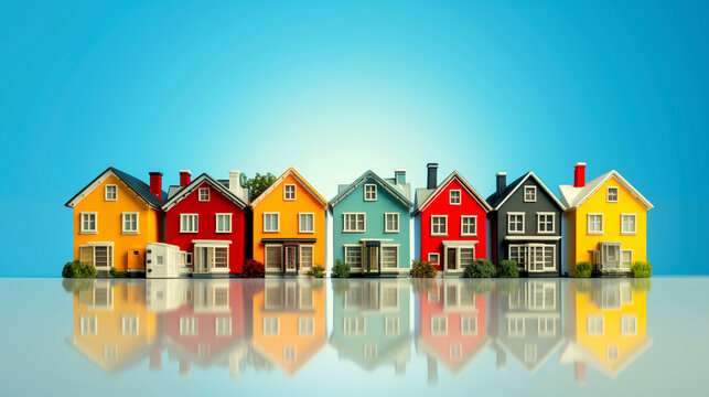 Colorful row houses reflect perfectly. A vibrant cityscape with an array of colorful houses, each with its unique charm, create a cheerful and picturesque street scene with the reflection.