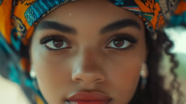 Striking Portrait of a Young Woman with Flawless Skin Adorned in an Afrocentric Headwrap Showcasing Beauty and Elegance with a Close Up View