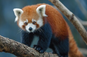 Red panda climbing tree branch portrait