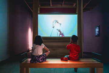 two kids watching a traditional Chinese shadow play