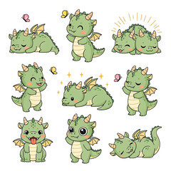 Koleksi Lucu Naga Bayi Hijau Kartun dengan Berbagai Ekspresi dan Pose pada Latar Belakang Hitam, Ideal untuk Desain Anak-anak, Ilustrasi Fantasi, dan Materi Pendidikan