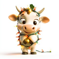 Cute Animated Cow Wrapped in Christmas Lights with Holiday Cheer