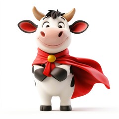 Cheerful cartoon cow character wearing a red cape and smiling happily