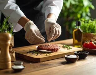 Chef seasoning raw burger