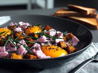 Colorful breakfast dish with toast