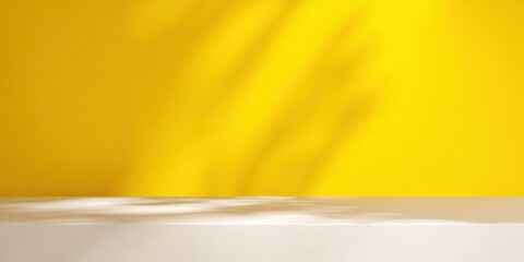 Obraz premium White table with yellow background presenting a minimal concept with leaf shadows projected on the wall, perfect for product presentation