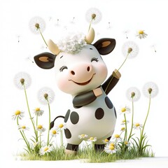 Happy Cartoon Cow Surrounded by Dandelions and Flowers in Spring