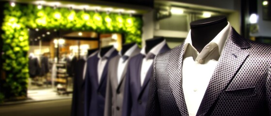 Suits displayed in a shop at night