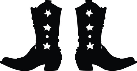 Silhouette vector icon set of cowboy boots with star decorations, traditional western design style, ideal for rodeo, American country themes, fashion accessories, or vintage wild west illustrations