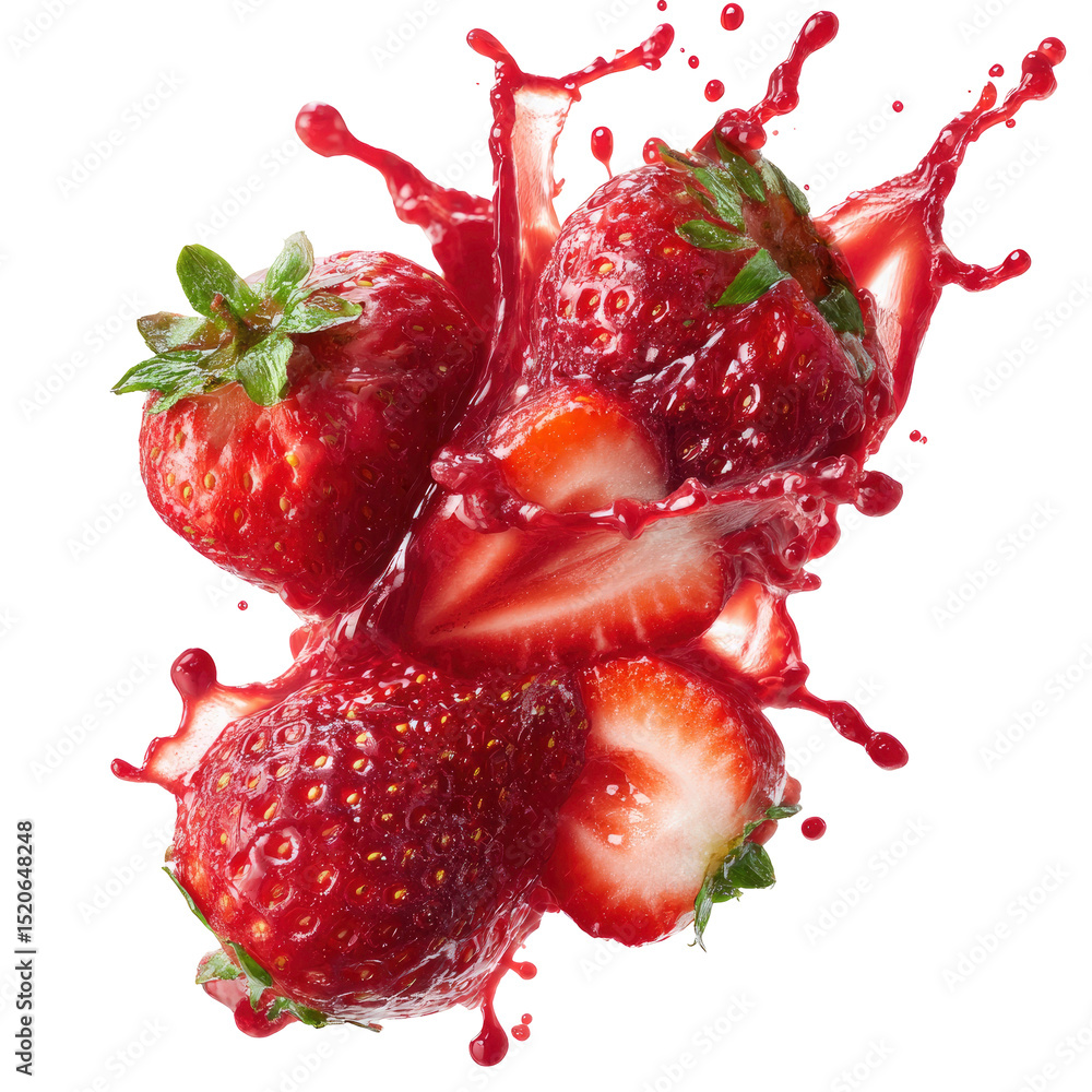 Poster Fresh Strawberries Splashing with Juice Whole and Sliced on Transparent Background
