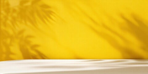 Empty white tabletop for product presentation with yellow background and leaf shadow creating a summer scene, perfect for showcasing products