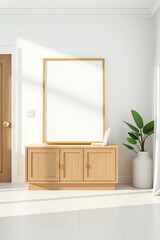 Minimalist entryway with light wood cabinet and mock frame