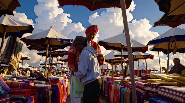 Vendor selling colorful textiles at a lively outdoor market
