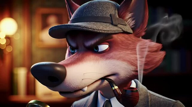 Close up of a thoughtful cartoon fox detective with a pipe perfect for animated film or advertising illustrations