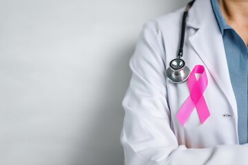 Doctor wearing pink ribbon and stethoscope promoting breast cancer awareness, healthcare and medicine concept