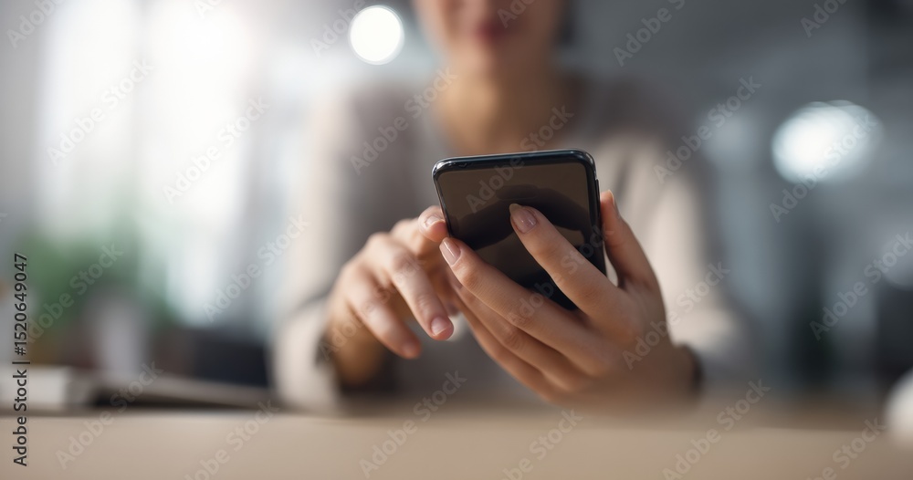 Poster close up of female hands navigating the internet on a smartphone while working at a modern office de