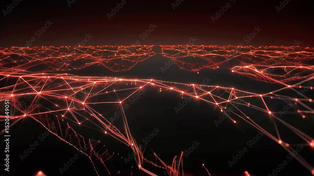 Poster abstract red network: glowing lines across dark landscape