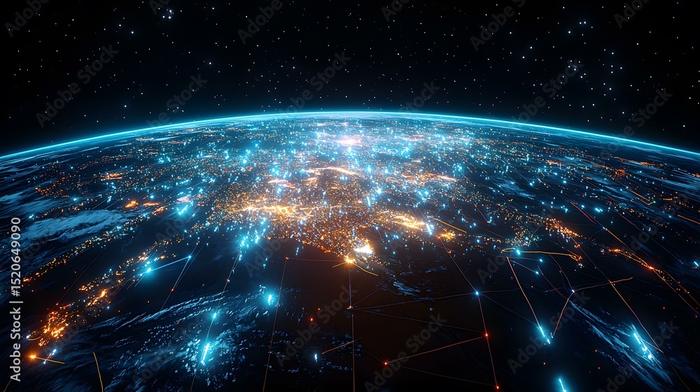 Poster a digital rendering of earth at night, showing city lights and glowing lines representing interconne