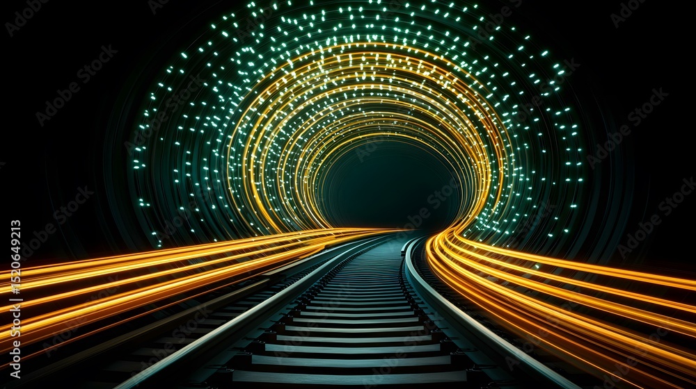 Poster a train track curves into a dark tunnel illuminated by swirling teal and amber light trails, creatin
