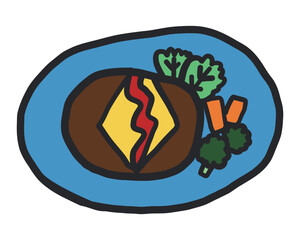 ハンバーグのラフな線あり手描きイラスト。ブロッコリーとにんじんとレタス