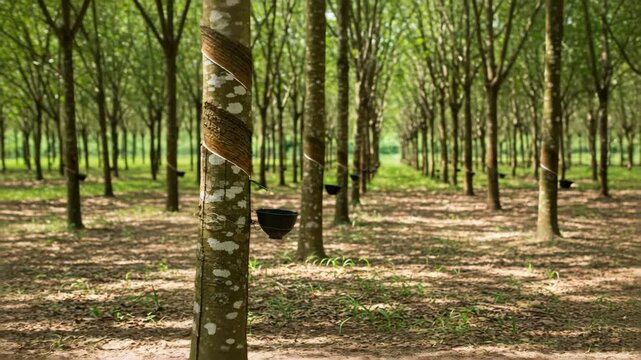 Rubber Tree Plantation: Rows of Trees in Sunlight