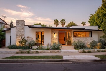 Fototapeta premium Luxurious single family home featuring white stucco walls, stone accents, large windows, and a wooden door in Beverly Hills, California