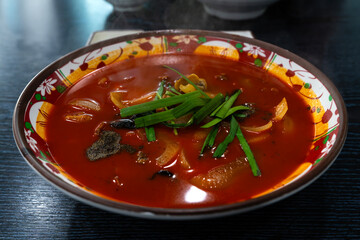 Korean spicy seafood noodle soup called jjamppong