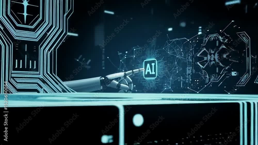 Poster ai robot hand touching a glowing ai chip, symbolizing artificial intelligence