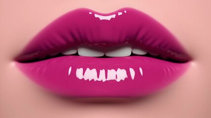 Closeup image of glossy pink lips with teeth