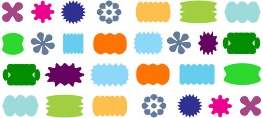 Zig zag wavy shape frames. Vector rectangular and round abstract clouds, flowers and text boxes. Scallop edge kids geometric stamps. Groovy kids graphic wiggly backgrounds