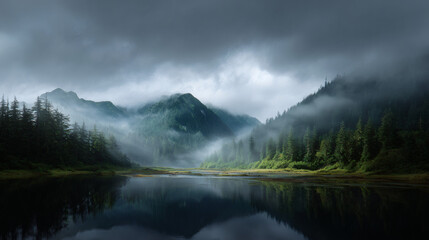A misty mountain landscape with dense pine forests, calm reflective water, and dramatic clouds creating a serene, mysterious atmosphere.