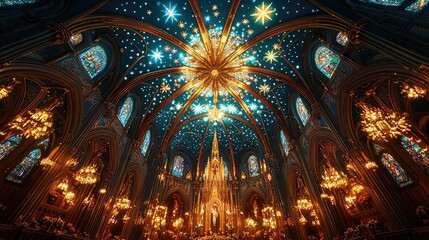 Naklejka premium Grand cathedral interior with ornate details and stained glass.