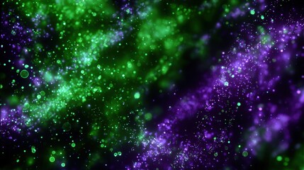 Abstract colorful cloud of glowing particles, green and purple hues scattered in a nebula-like cosmic design against a dark background.