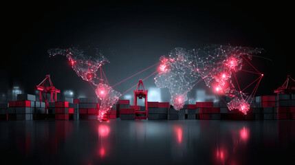 A glowing digital world map shows global connections over shipping containers and cranes, symbolizing international trade and logistics.