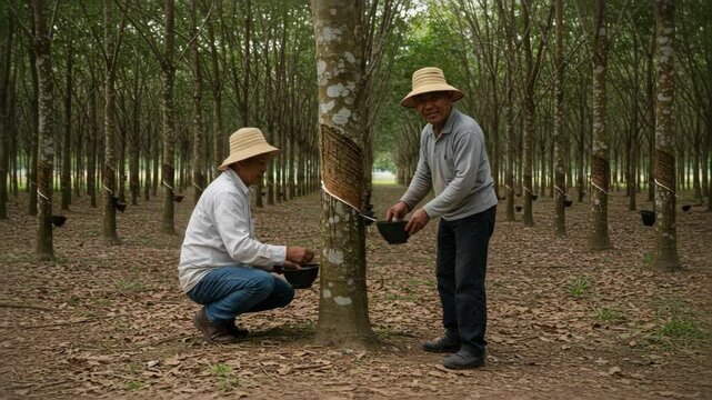 Rubber Tapping in Plantation: Two Workers Harvesting Latex